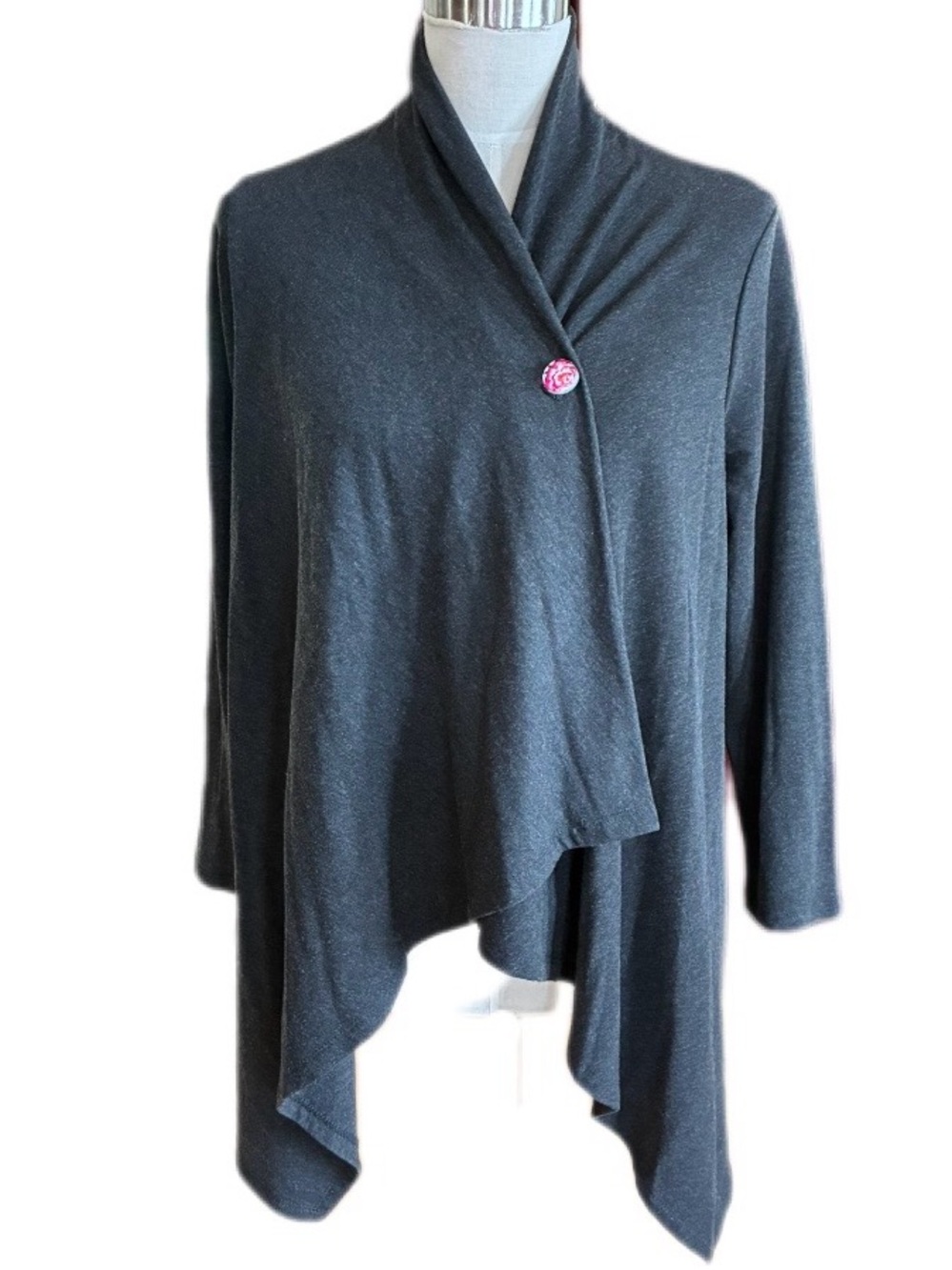 GNW Charcoal Gray Draped Open-Front Cardigan with Accent Button